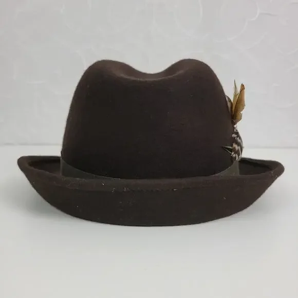Target Wool Fancy Fedora Hat One Size Brown Guinea Feathers Canvas Satin Trim - Picture 3 of 9